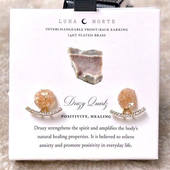 Brand New Luna Norte 14Kt Gold Plated Druzy Quartz Interchangeable Post Earrings - Picture 16 of 16